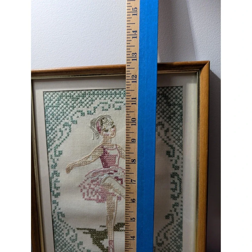 1968‎ Vintage toe point ballerina hand-stitched on linen in frame